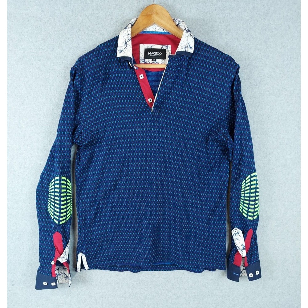 Maceoo Polo‎ Shirt Sz 2 Small Black Blue Polka Dot Embroidered Padded Elbows